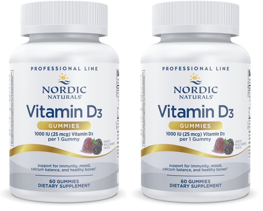 Nordic Naturals Pro Vitamin D3 Gummies Wild Berry bottle shows daily bone support and easy dosing.