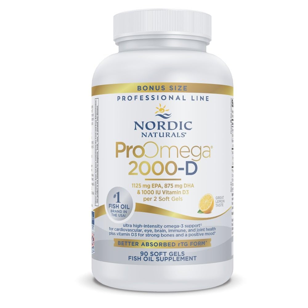 Nordic Naturals ProOmega 2000-D lemon bottle for daily heart, brain, and immune support.