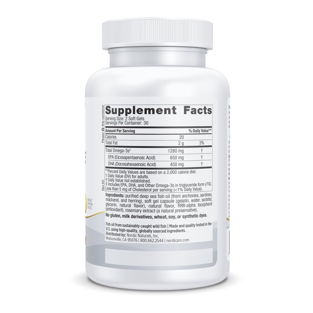 Close-up of Nordic Naturals ProOmega Lemon softgels with lemon flavor for easy intake.