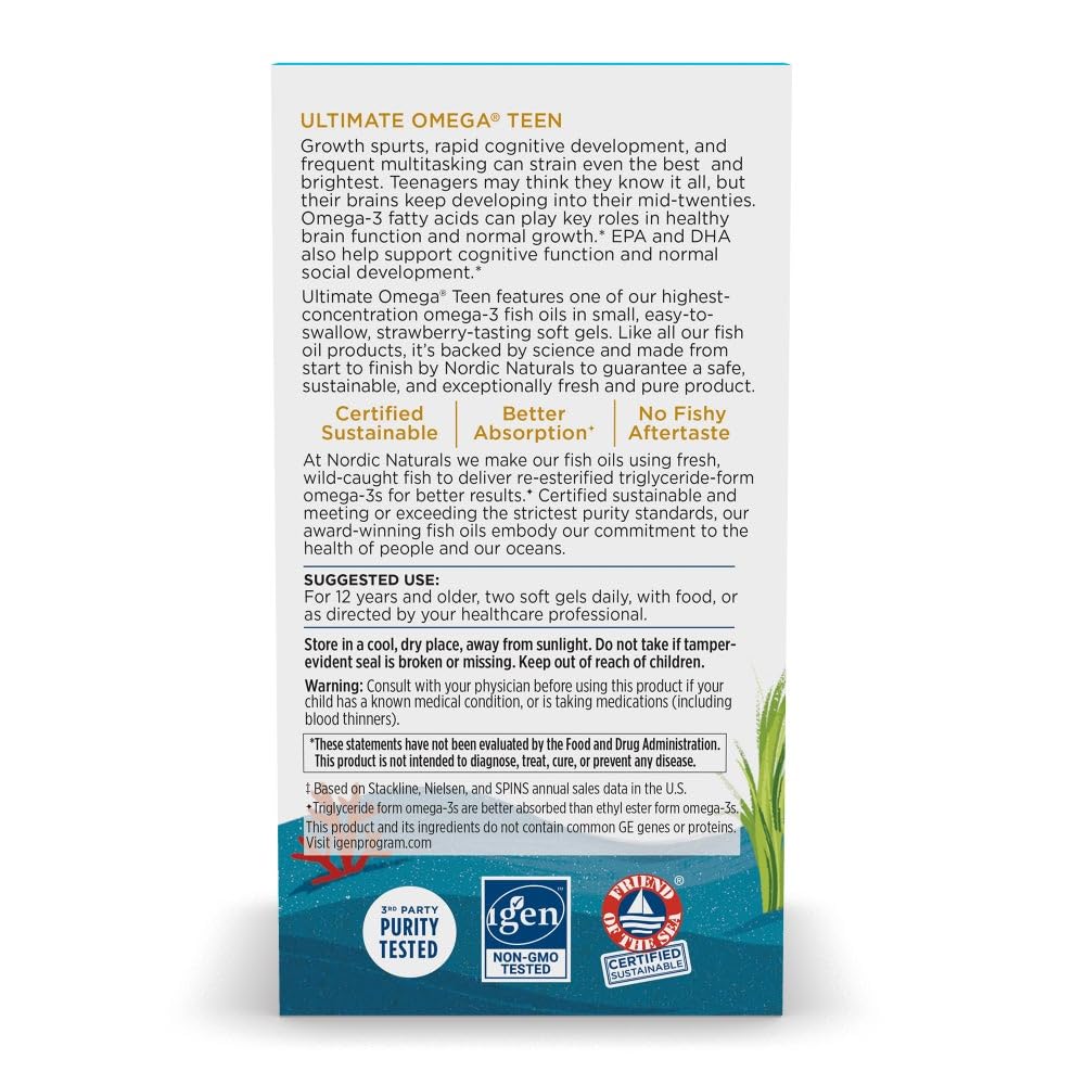 Nordic Naturals Ultimate Omega 2X Teen bottle close-up emphasizes natural strawberry flavor and improved taste.