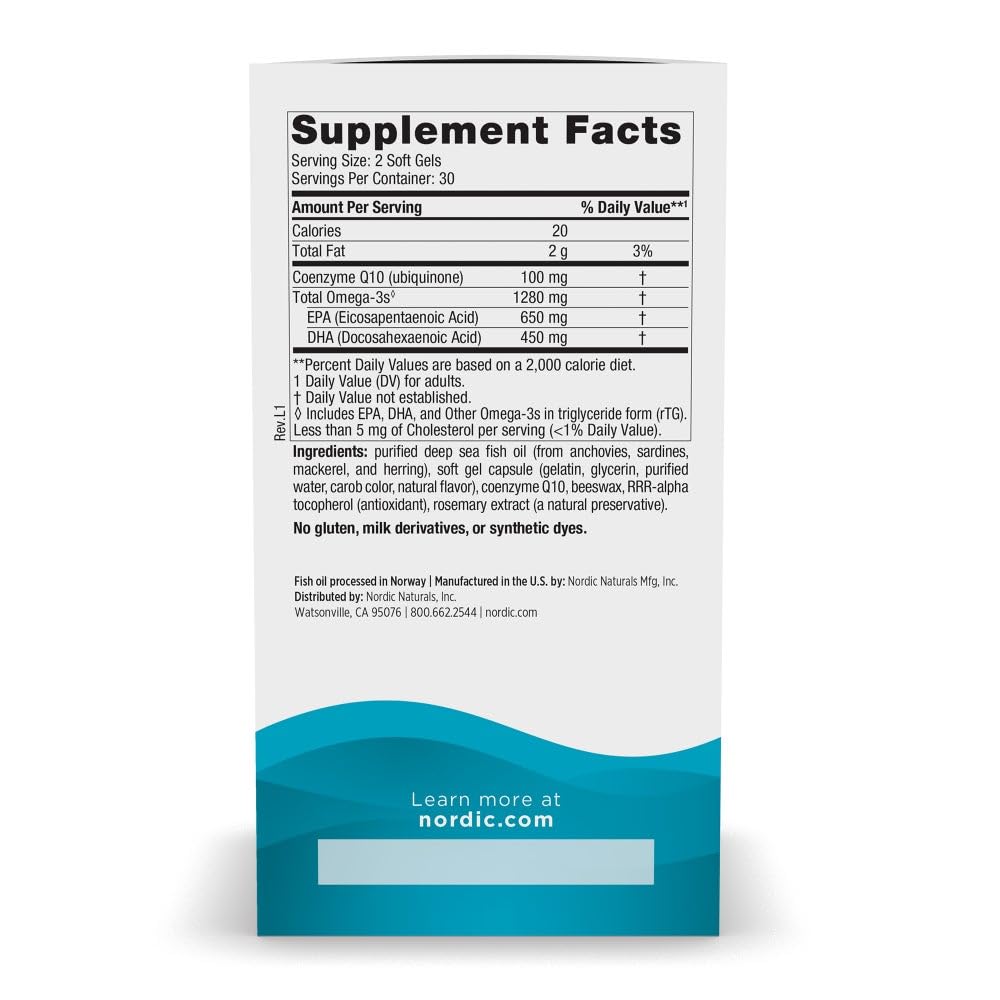 Nordic Naturals Ultimate Omega + CoQ10 Lemon bottle back label reveals ingredients and purity.