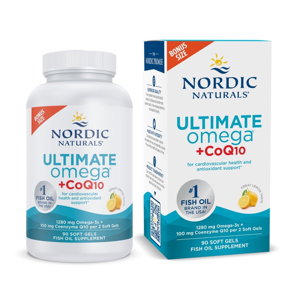 Nordic Naturals Ultimate Omega CoQ10 lemon bottle for daily wellness.