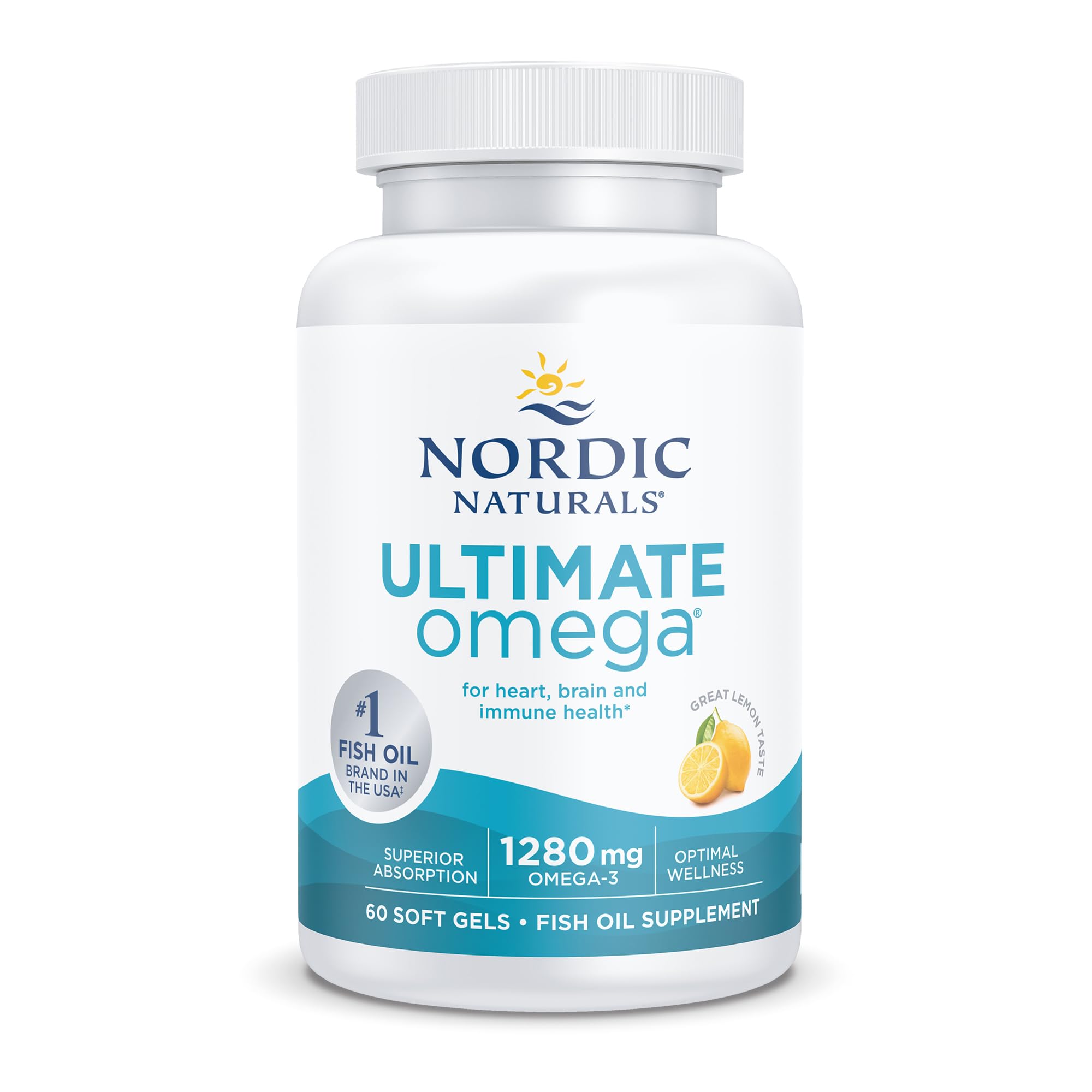 Nordic Naturals Ultimate Omega lemon flavor outer-pack signaling purity and non-GMO promise