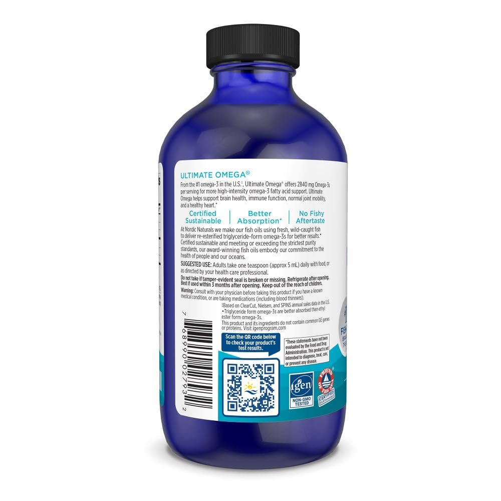 Nordic Naturals Ultimate Omega Liquid purity label emphasizes non-GMO and clean ingredients.