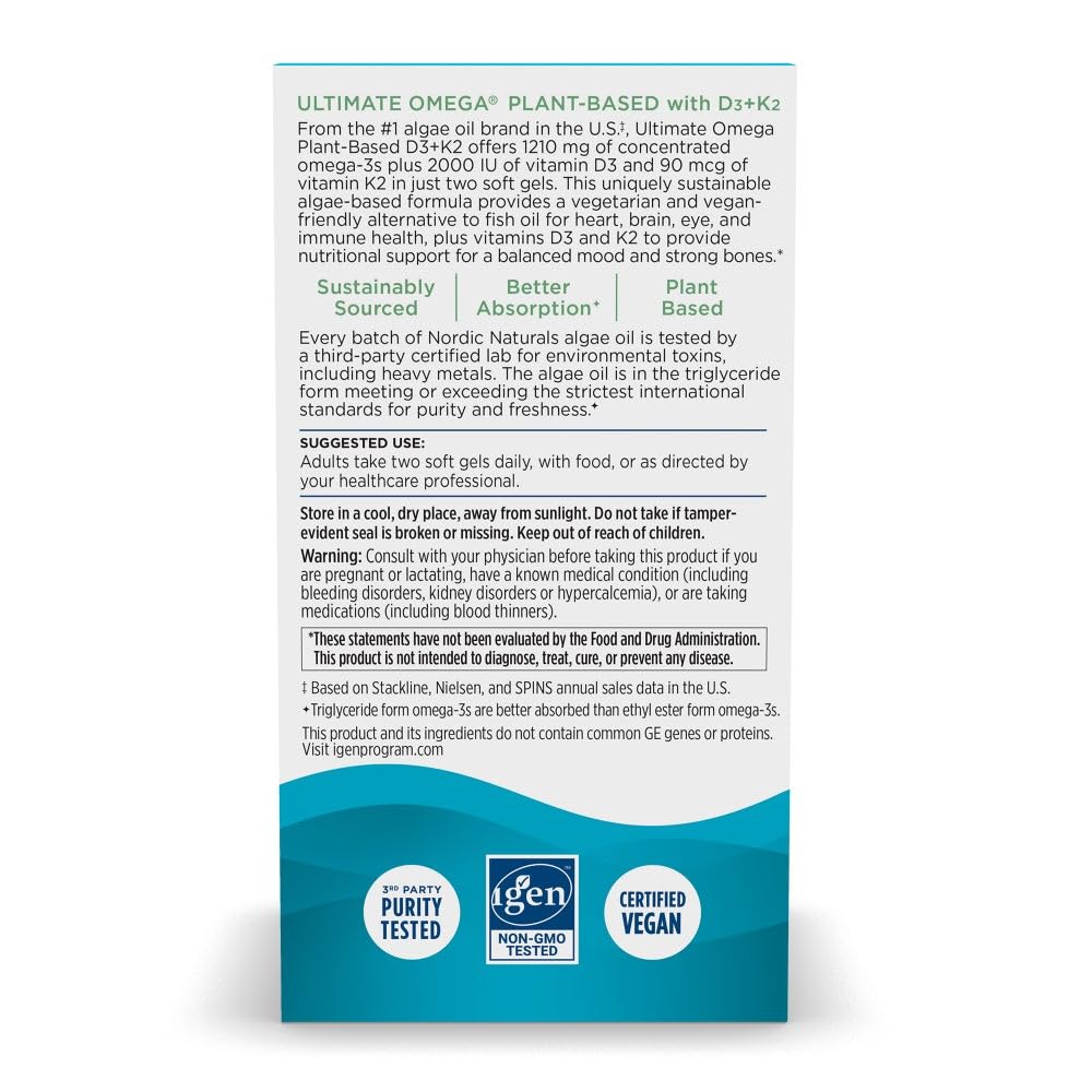 Nordic Naturals Ultimate Omega Plant-Based D3+K2 label highlighting added vitamins.