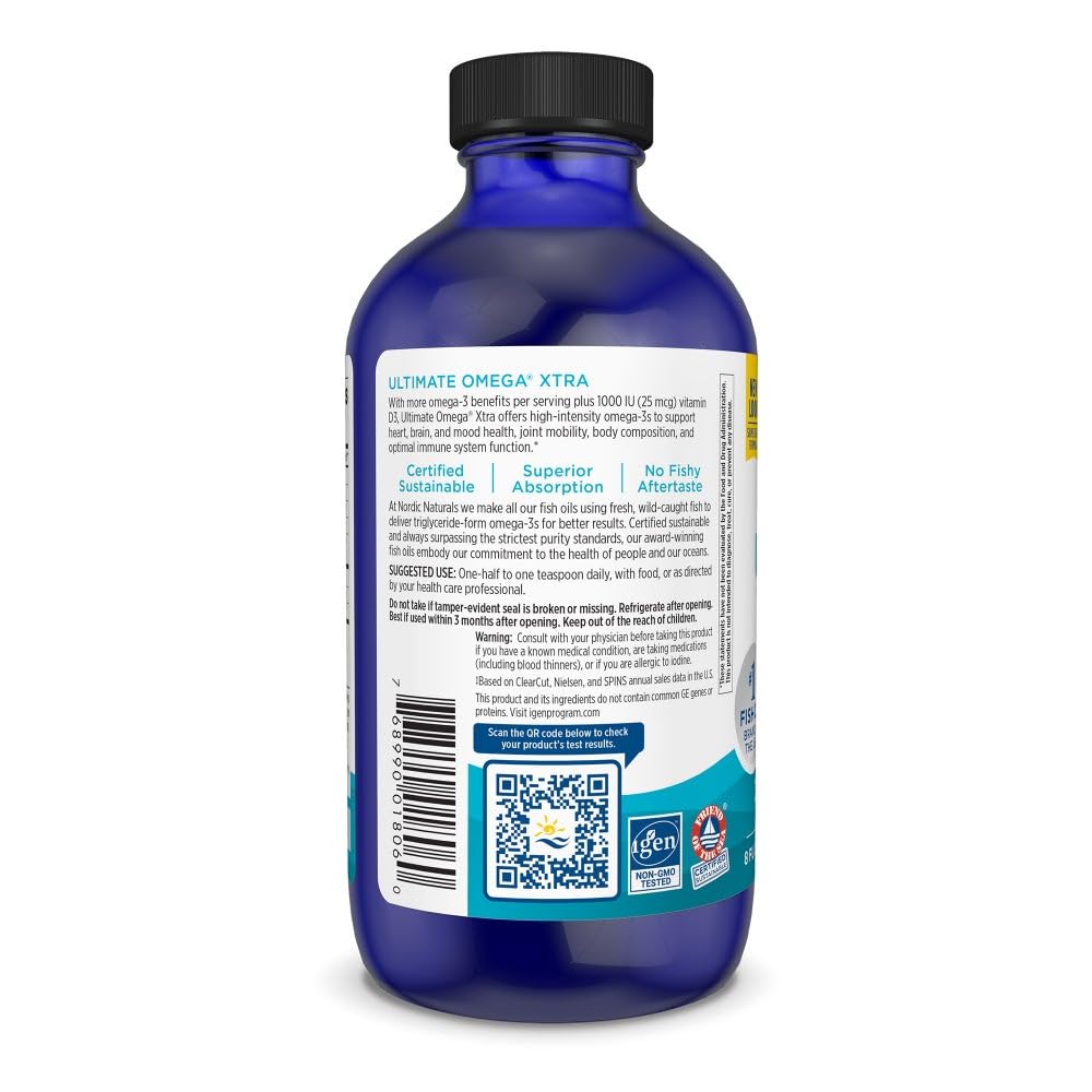 Nutrition facts panel shows 3400 mg omega-3 and 1000 IU vitamin D3 per serving.