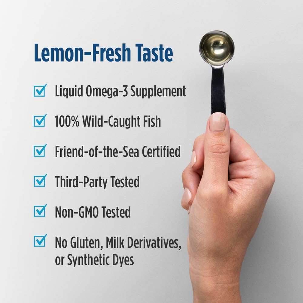 Label highlights Vitamin D3 and omega-3 information on the Nordic Naturals bottle.
