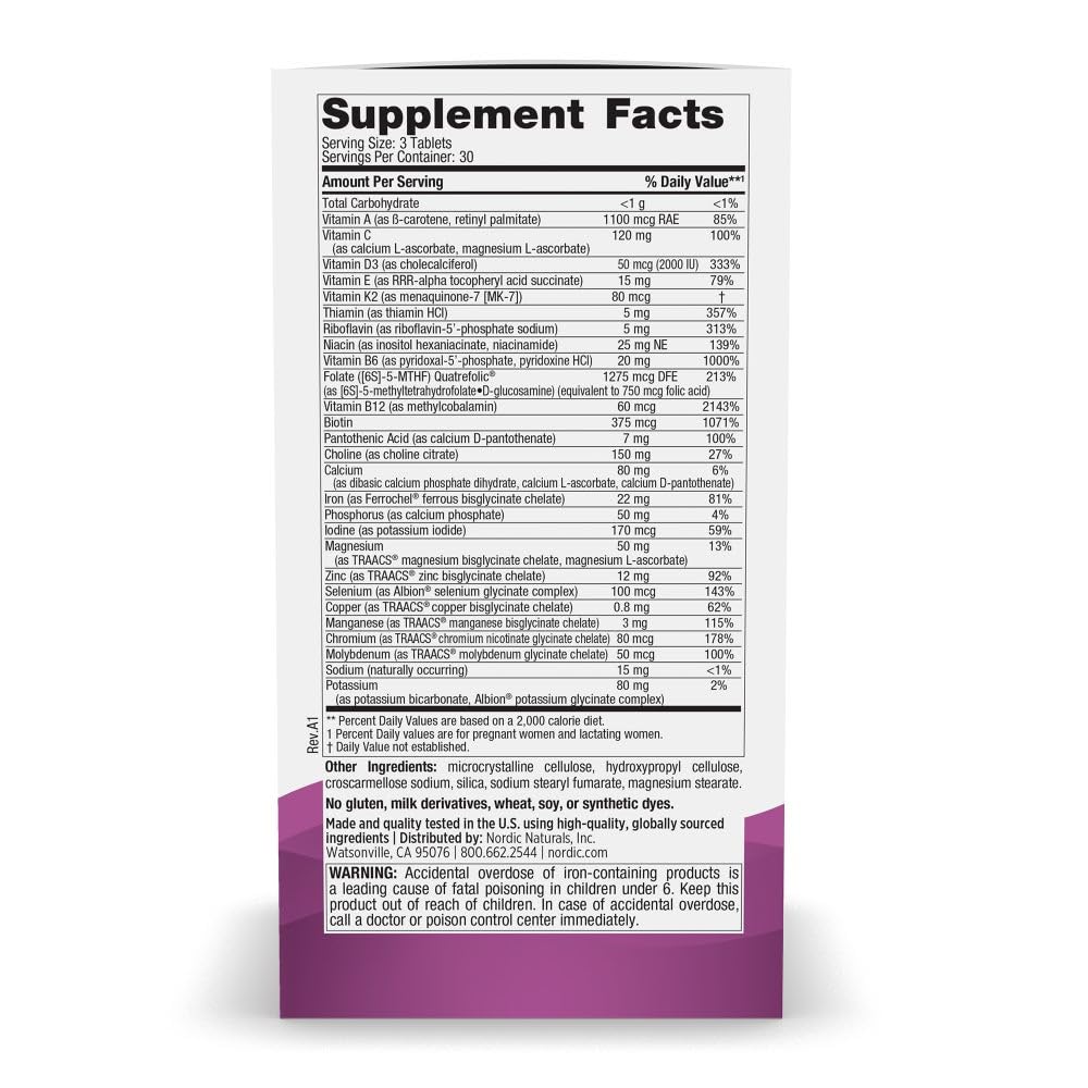 Nordic Naturals Prenatal Minis bottle label highlights non-GMO and dairy-free ingredients