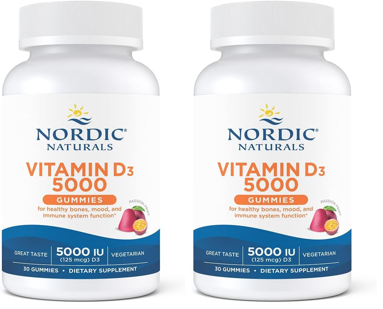 Nordic Naturals Vitamin D3 5000 Gummies bottle with passion fruit flavor for daily immune support