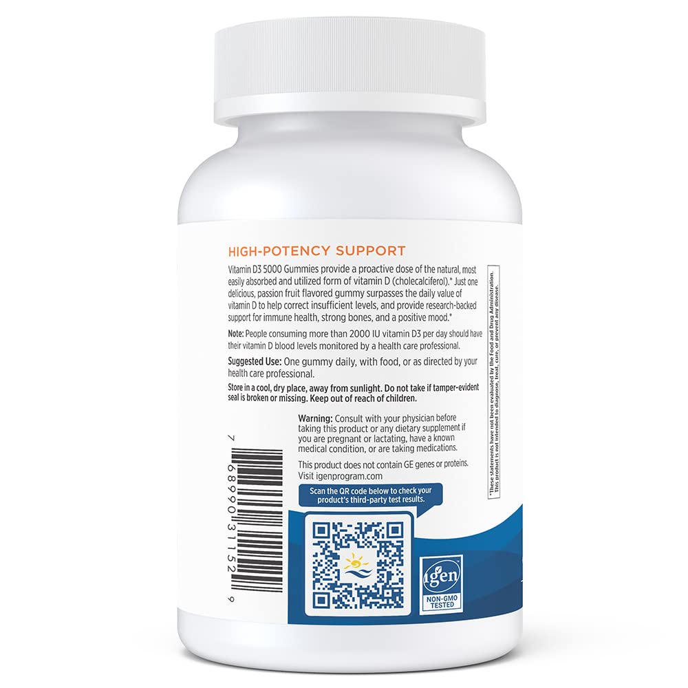 Gummy bottle label displaying 5000 IU vitamin D3 and vegan-friendly badge
