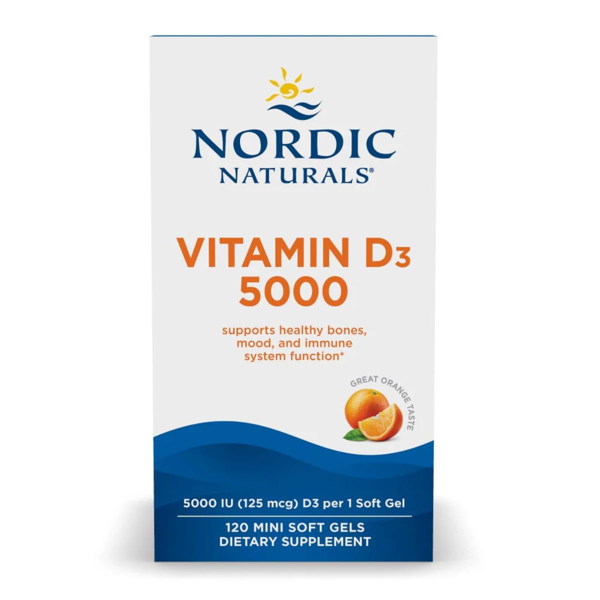 Nordic Naturals Vitamin D3 5000 orange mini bottle close-up showing easy-to-swallow soft gels.