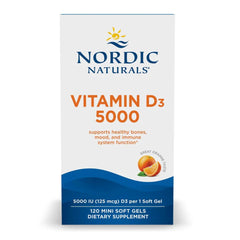 Nordic Naturals Vitamin D3 5000 orange mini bottle close-up showing easy-to-swallow soft gels.
