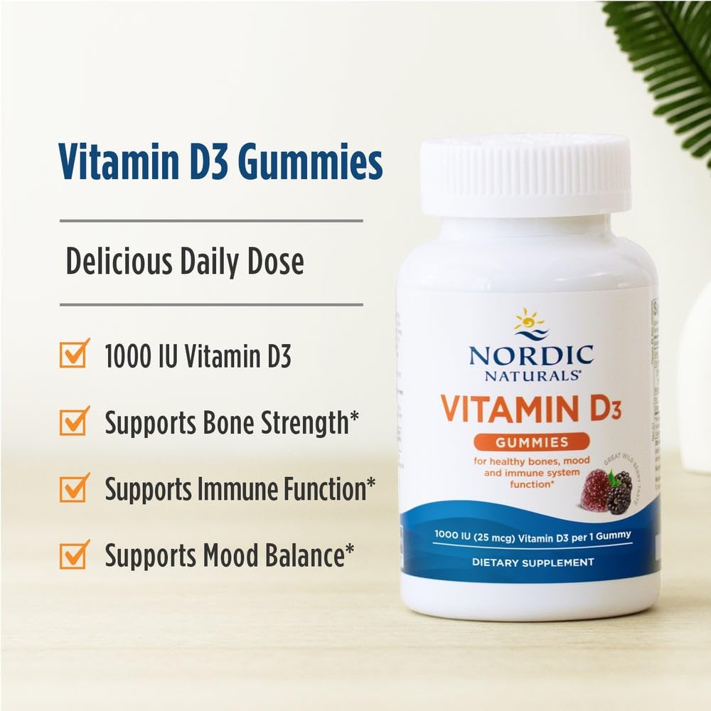 Nordic Naturals Vitamin D3 Gummies Wild Berry in a kitchen scene ready to chew.
