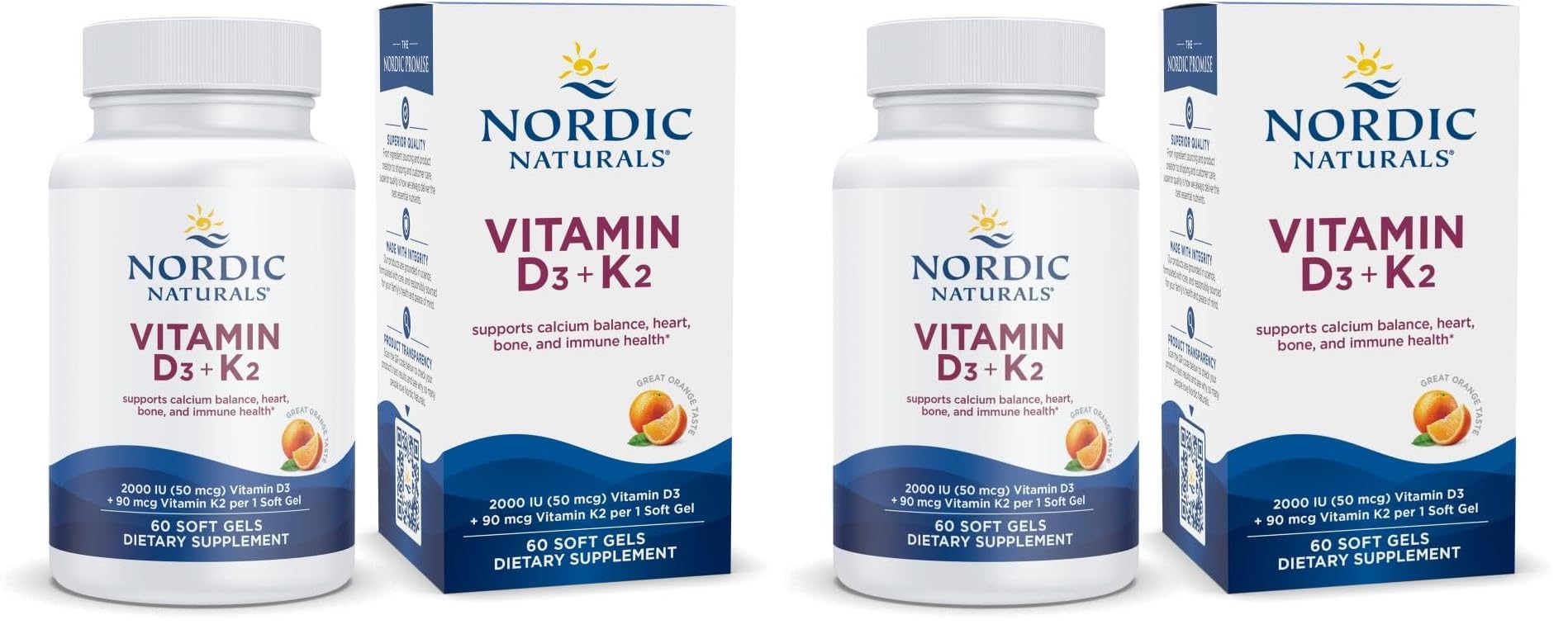 Nordic Naturals Vitamin D3 K2 orange bottle showing 60 soft gels for bone support.