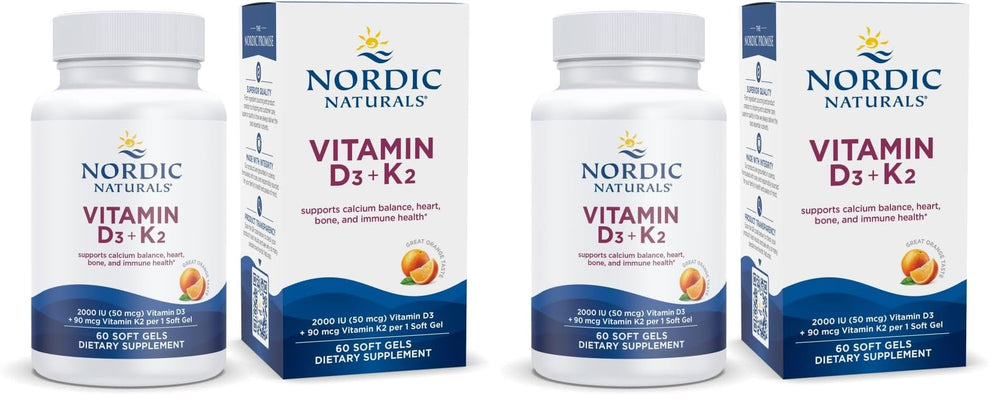 Nordic Naturals Vitamin D3 K2 orange bottle showing 60 soft gels for bone support.
