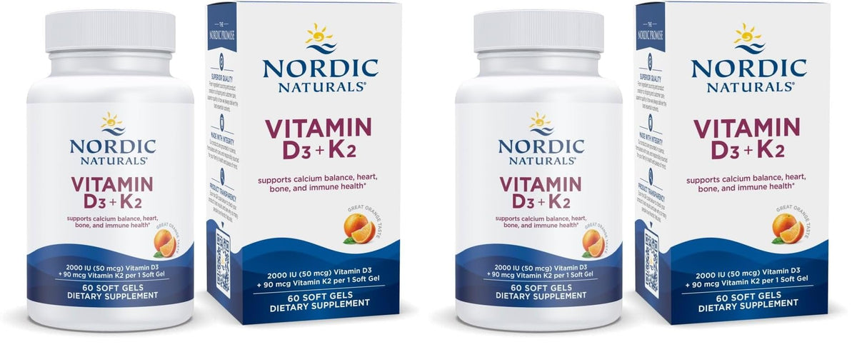 Nordic Naturals Vitamin D3 K2 orange bottle showing 60 soft gels for bone support.