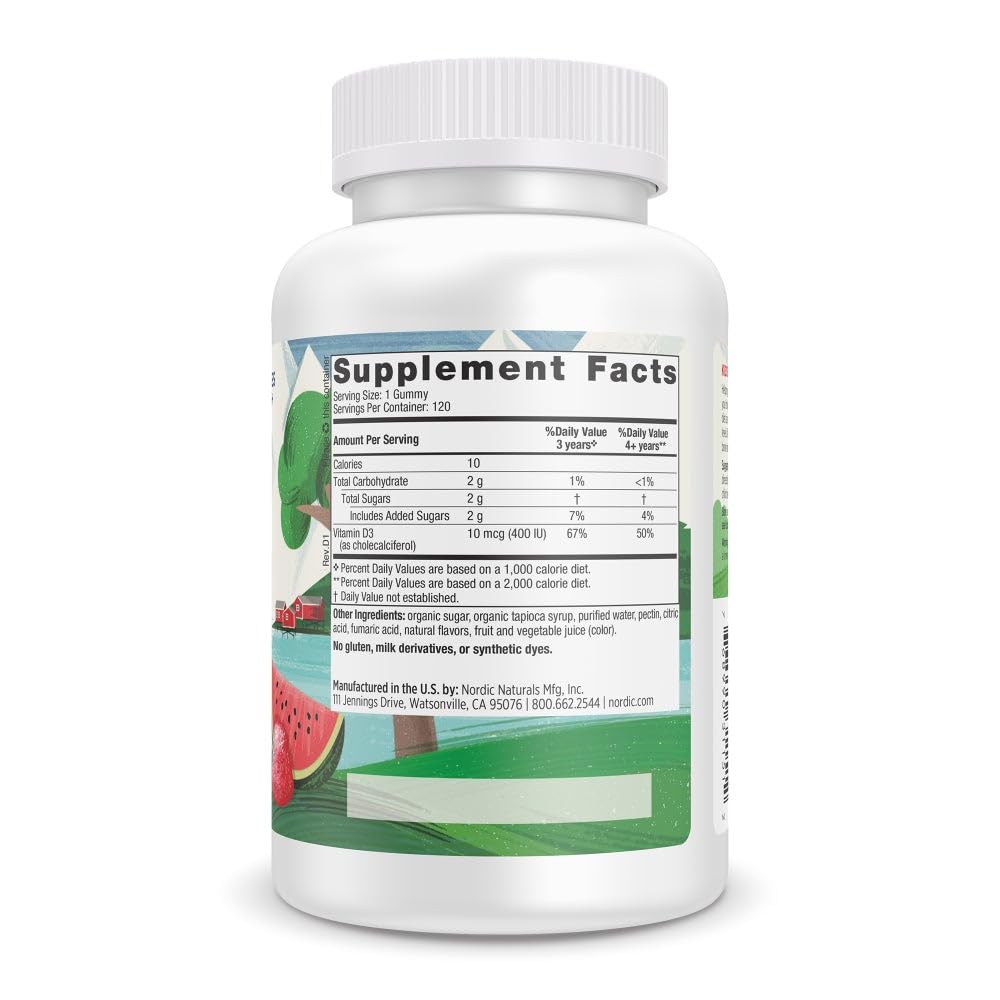 Vitamin D3 Kids gummies label highlighting vegetarian and non-GMO attributes