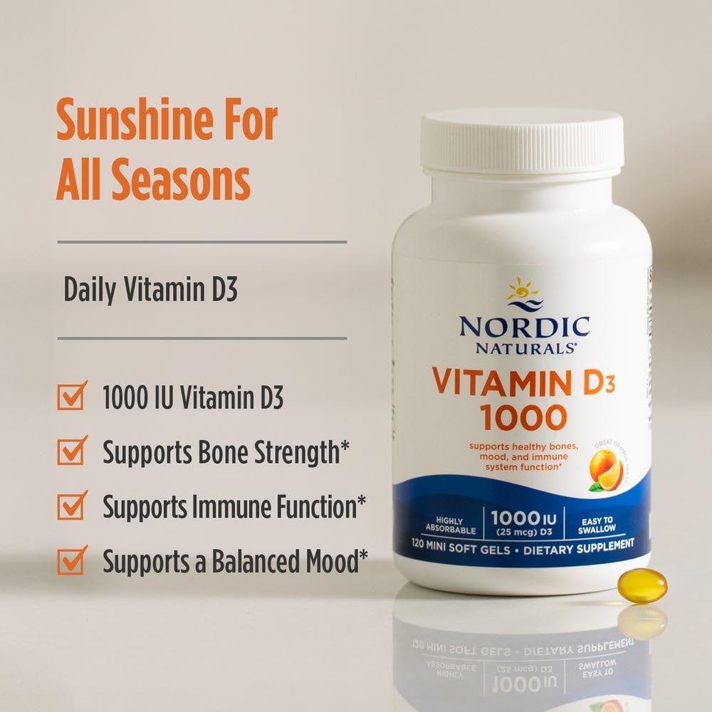 Nordic Naturals Vitamin D3 orange mini soft gels bottle highlighting sustainable packaging