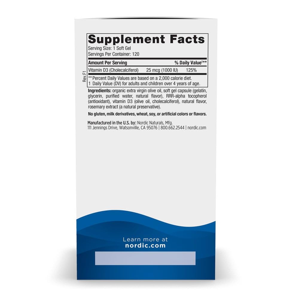 Nordic Naturals Vitamin D3 orange mini soft gels label closeup showing purity and non-GMO quality