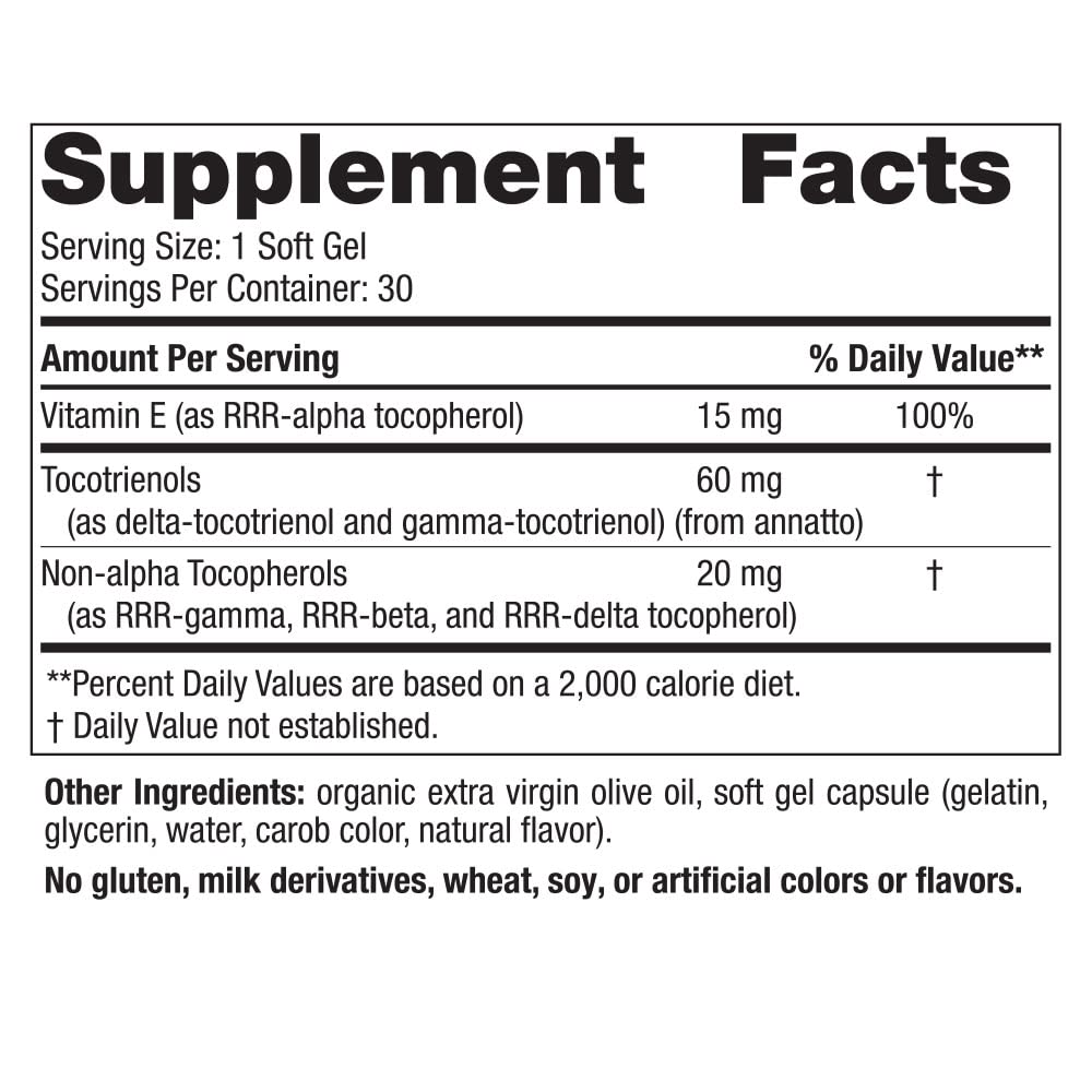 Nordic Naturals Vitamin E Complex label close-up highlighting its six forms of vitamin E.