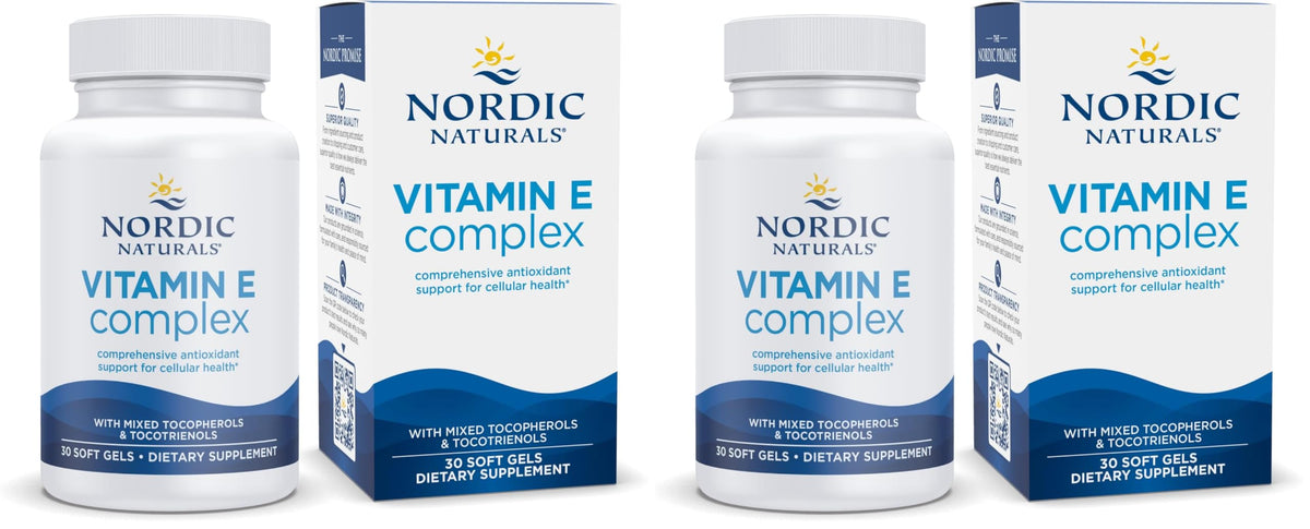 Nordic Naturals Vitamin E Complex soft gels unflavored bottle for convenient antioxidant support.