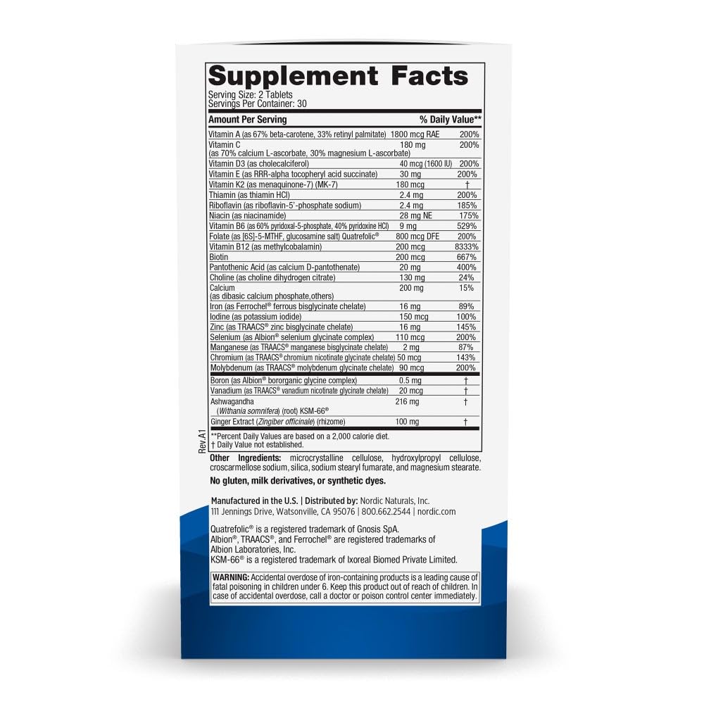 Nordic Naturals Women’s Multivitamin Extra Strength label highlights purity and allergen-free formula.
