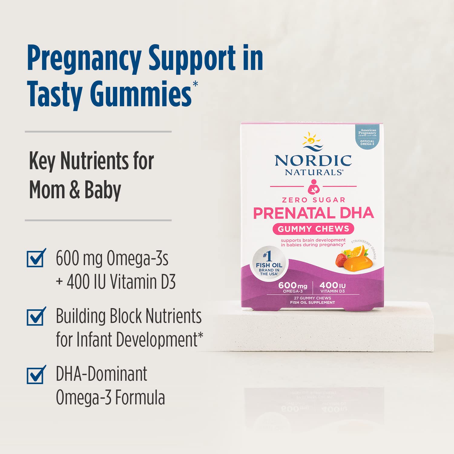 Nordic Naturals Zero Sugar Prenatal Gummies with a spoon suggests easy daily dosing for busy days.