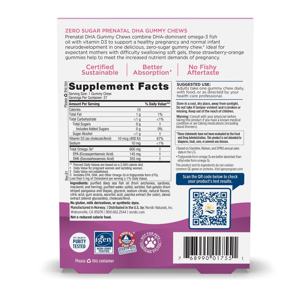 Nordic Naturals Zero Sugar Prenatal Gummies on wood surface show a tasty alternative to pills for expectant moms.