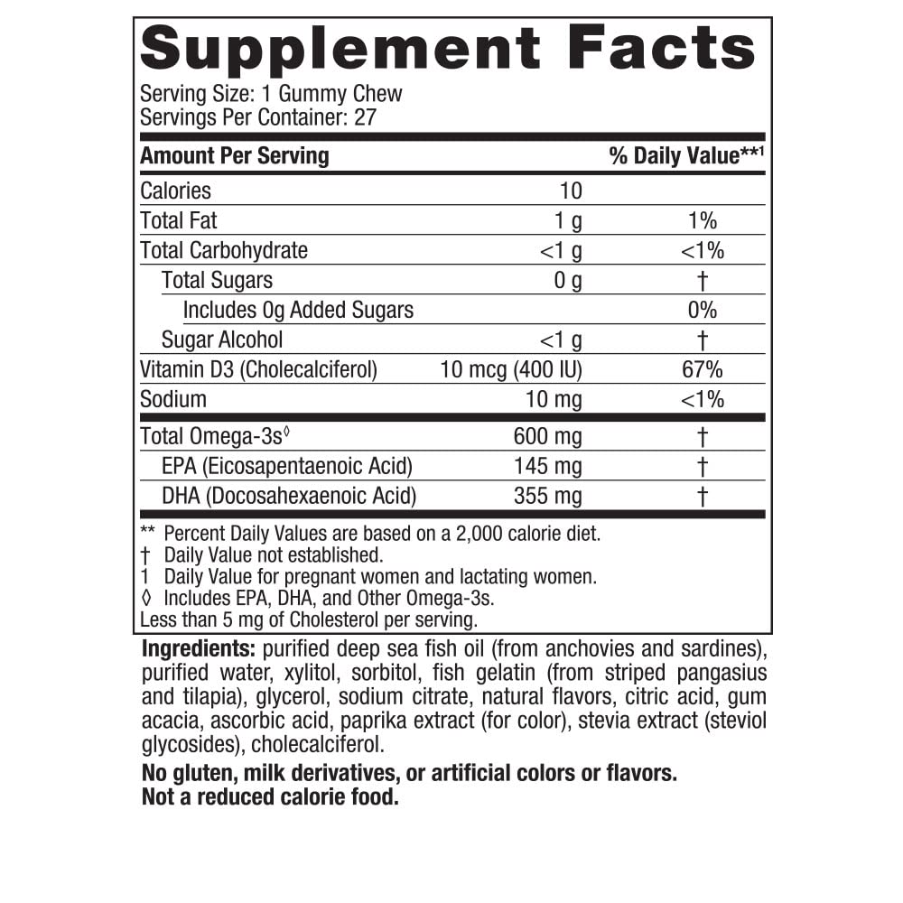 Nordic Naturals Zero Sugar Prenatal Gummies label highlights DHA omega-3 and 400 IU D3 per serving.