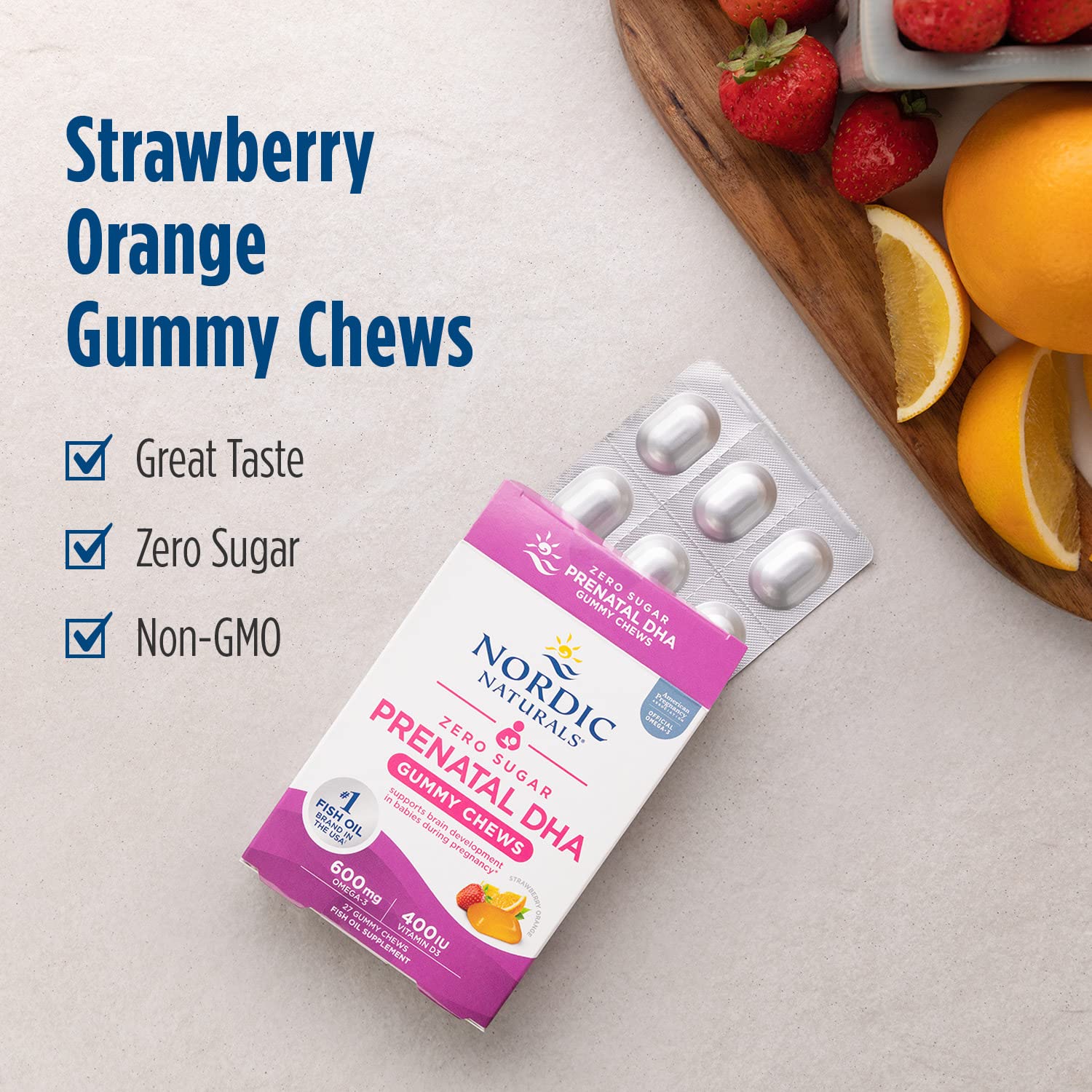 Nordic Naturals Zero Sugar Prenatal Gummies nutrition panel indicates non-GMO, gluten- and dairy-free ingredients.