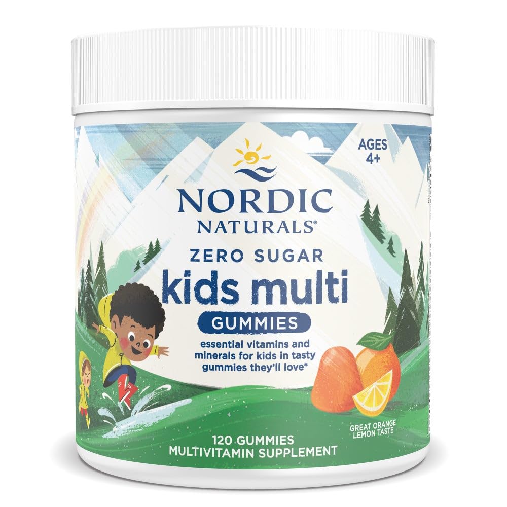 Nordic Naturals Zero Sugar Kids Multi Gummies bottle with orange-lemon flavor for daily kid nutrition.
