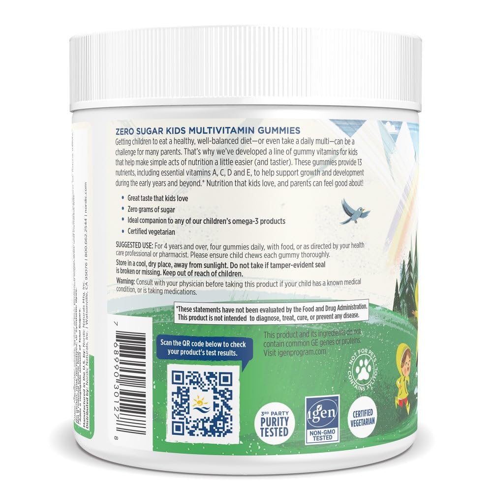 Nordic Naturals Zero Sugar Kids Multi Gummies bottle highlighting essential vitamins and zinc for daily support.