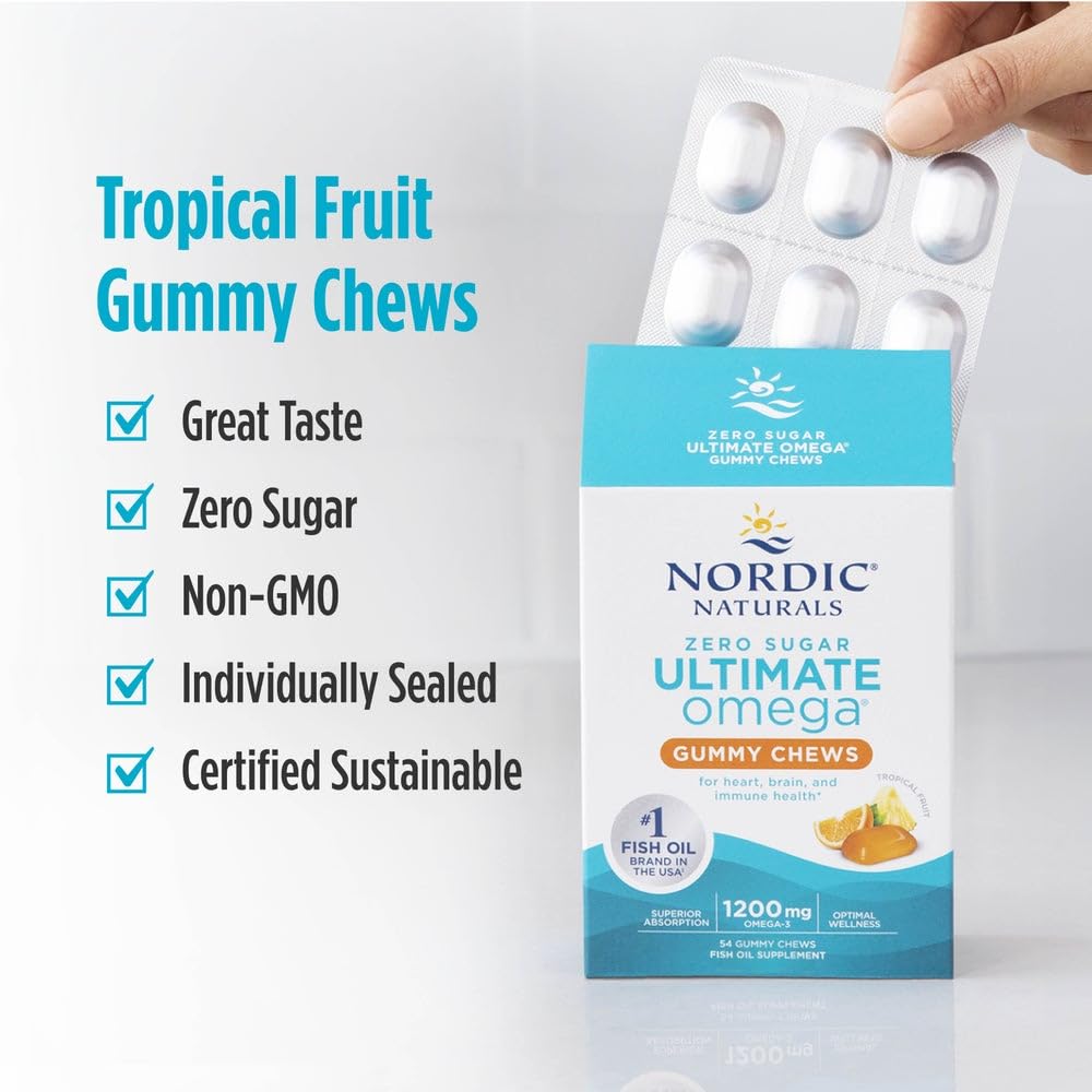Nordic Naturals tropical fruit gummies on bright background