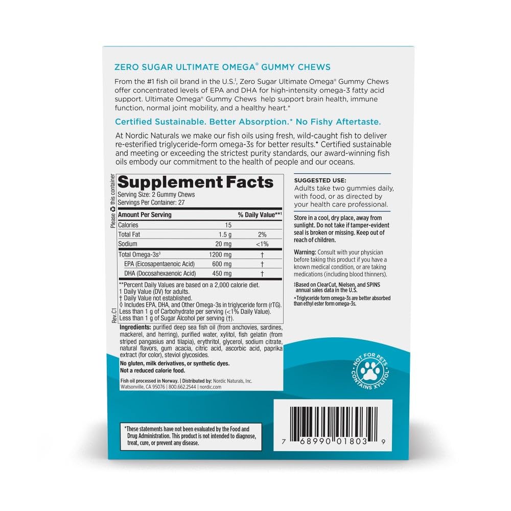 Closeup of Nordic Naturals gummies with tropical fruit flavor and sugar-free formula