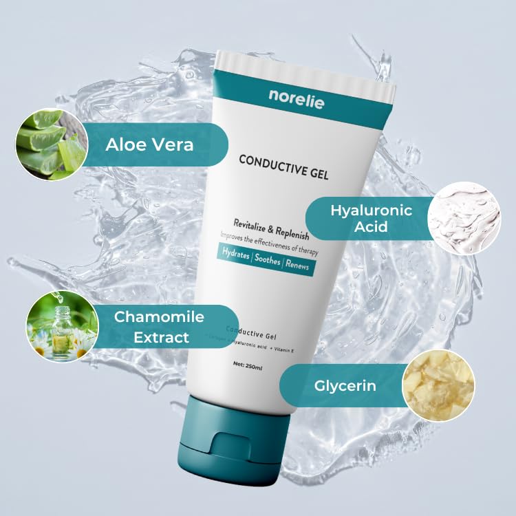 Norelie Conductive Gel bottle helps maintain skincare routine during therapy sessions.