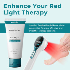 Norelie Conductive Gel applied on skin for smooth glide and comfortable red light use.