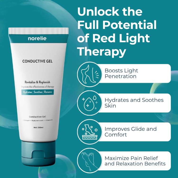Norelie Conductive Gel near wand tip demonstrates compatibility with RedRevive devices.