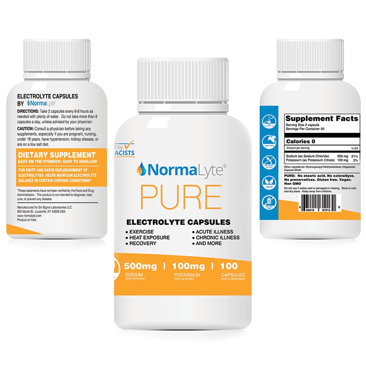 NormaLyte bottle label detail emphasizing 100 capsules and balanced sodium-potassium blend.