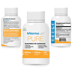NormaLyte bottle label detail emphasizing 100 capsules and balanced sodium-potassium blend.
