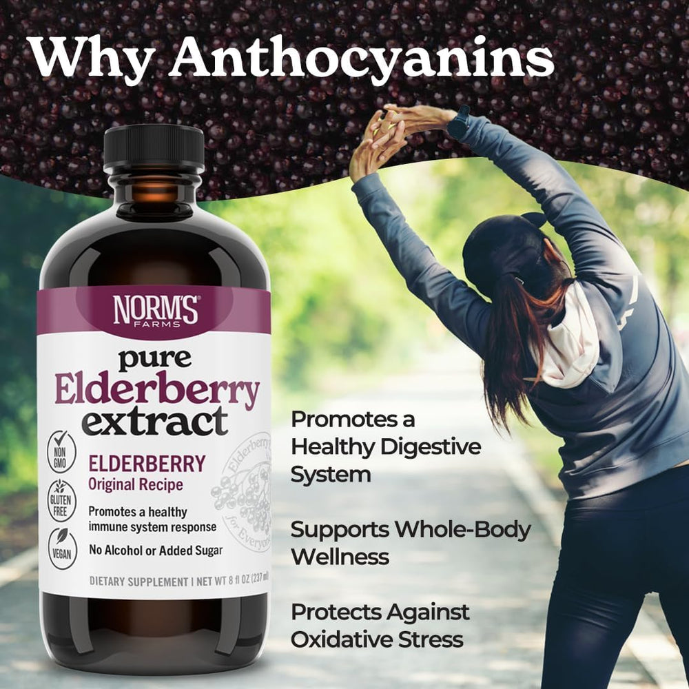 Close-up of elderberry extract label with seed-free, gentle extraction