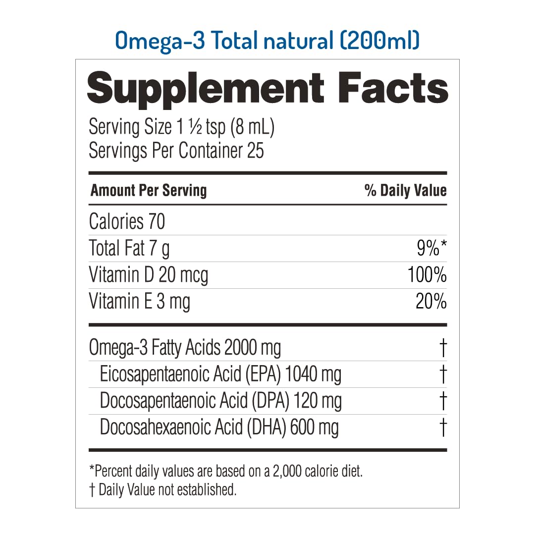 NORSAN Omega-3 Total Liquid bottle side label highlighting marine origin.