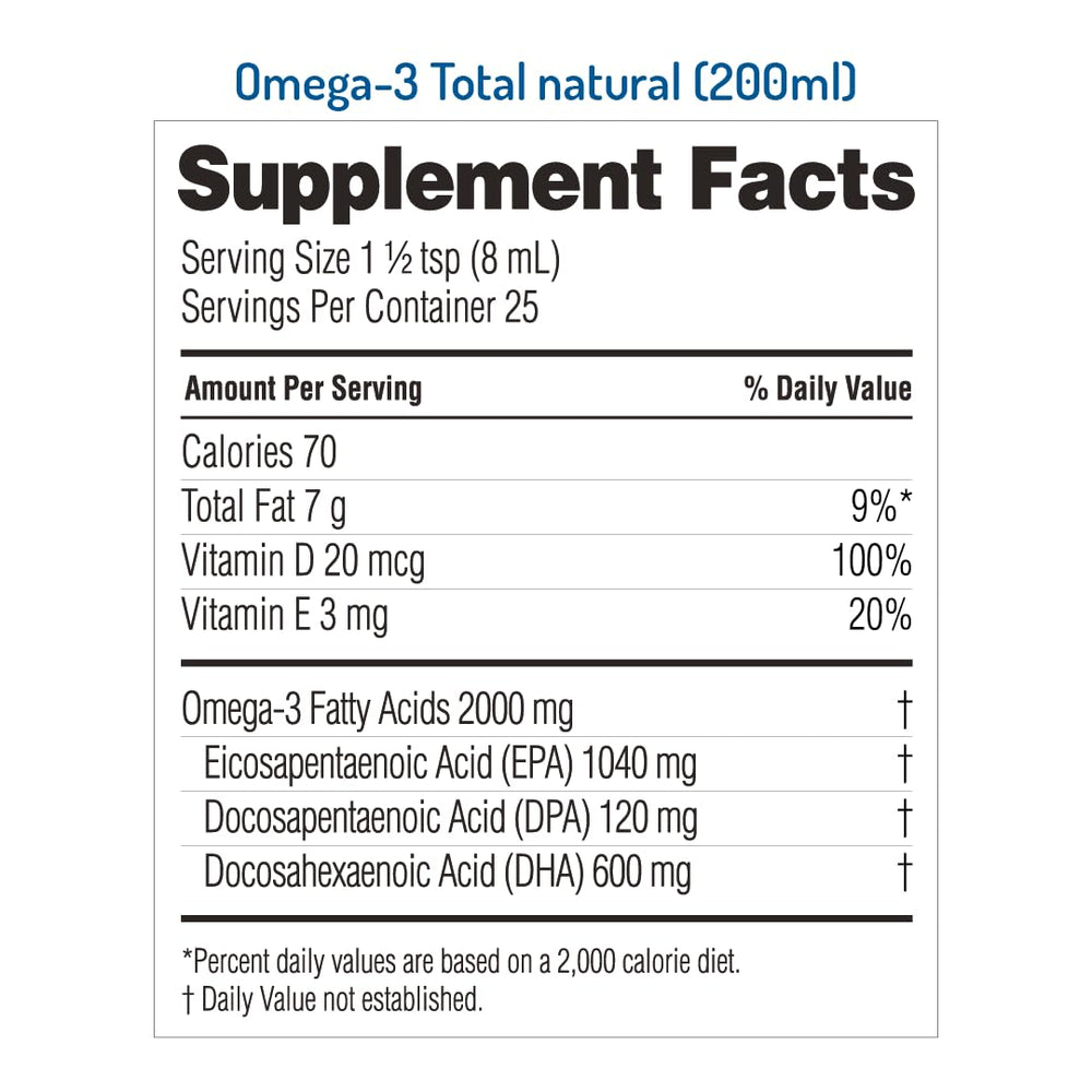 NORSAN Omega-3 Total Liquid bottle side label highlighting marine origin.