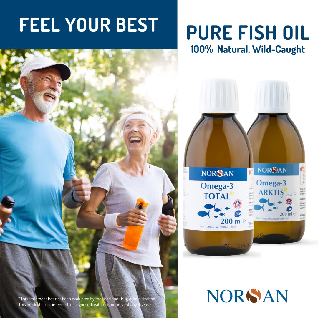 NORSAN Omega-3 Total Liquid added to smoothie for nutrient boost.