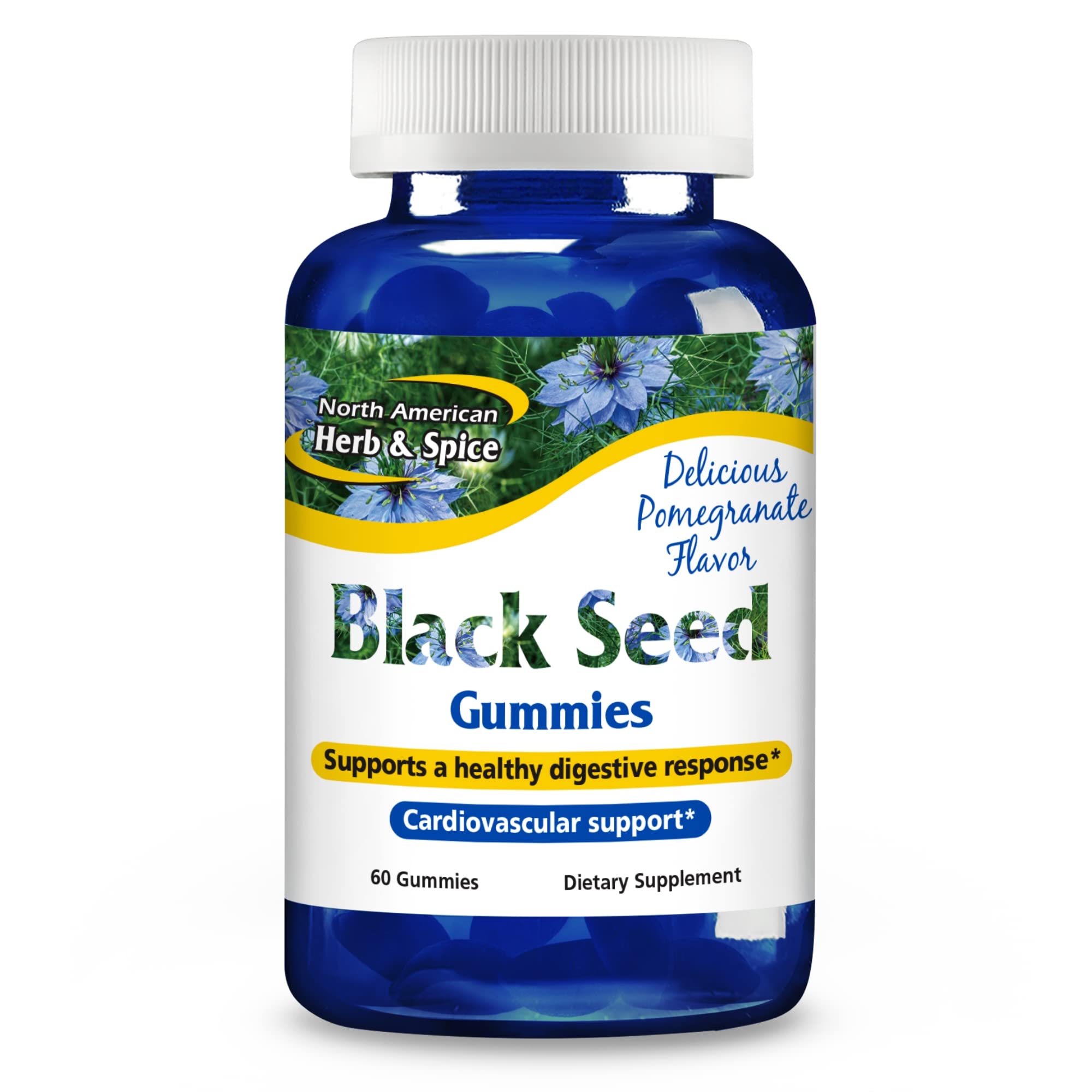 North American Herb & Spice Black Seed Gummies bottle with pomegranate flavor for daily support