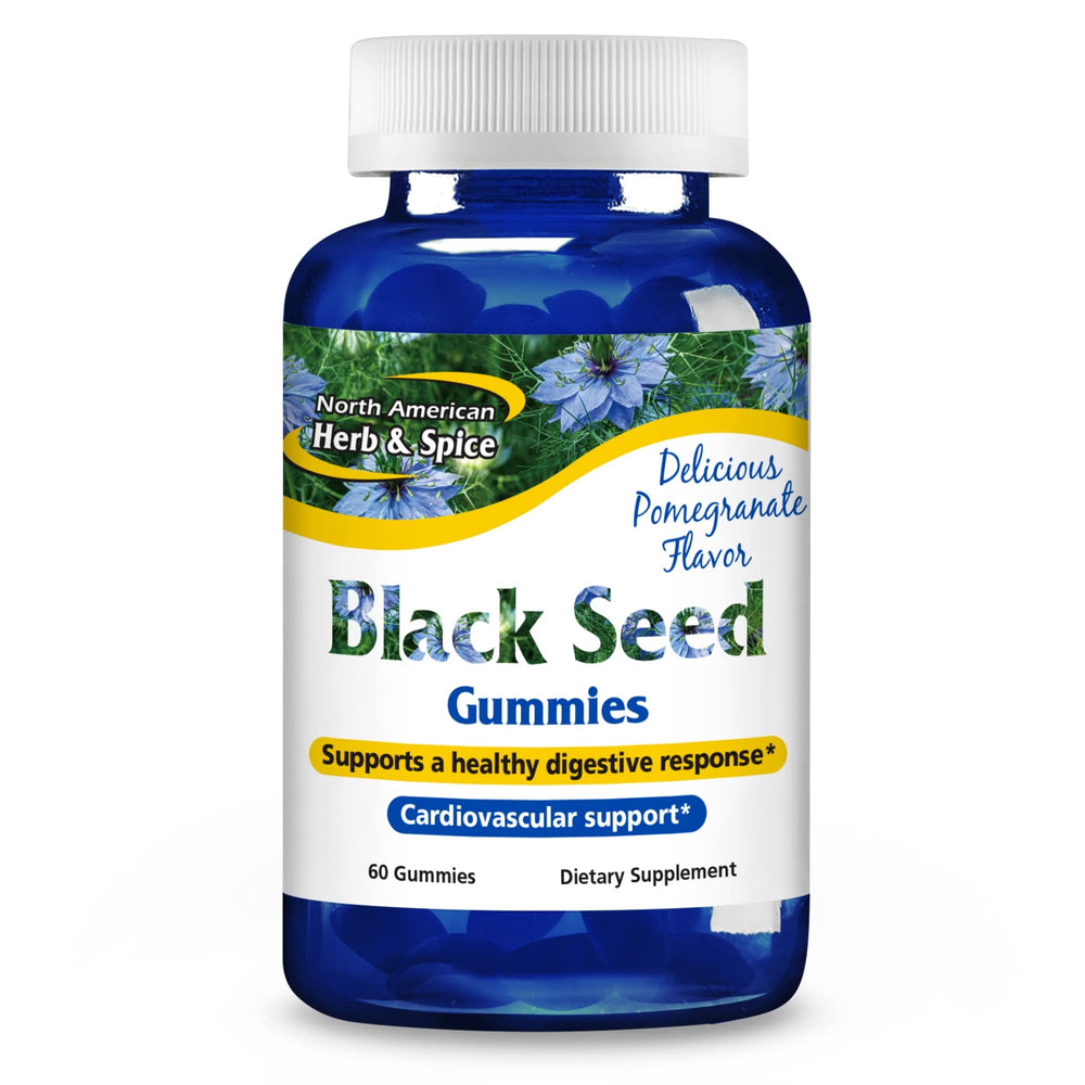 North American Herb & Spice Black Seed Gummies bottle with pomegranate flavor for daily support