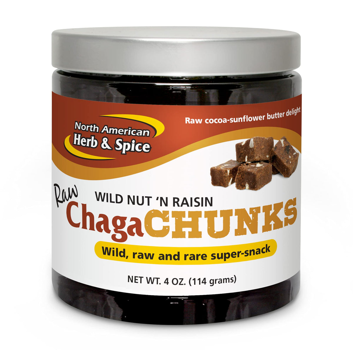 ChagaChunks Nut 'n Raisin bottle on the counter, energy-ready