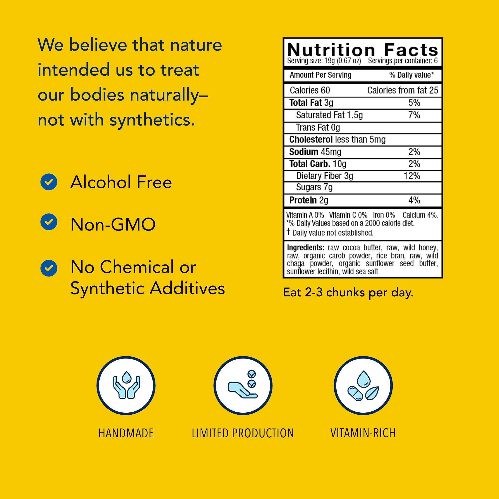 ChagaChunks packaging front highlighting wild-sourced non-dairy, non-GMO qualities