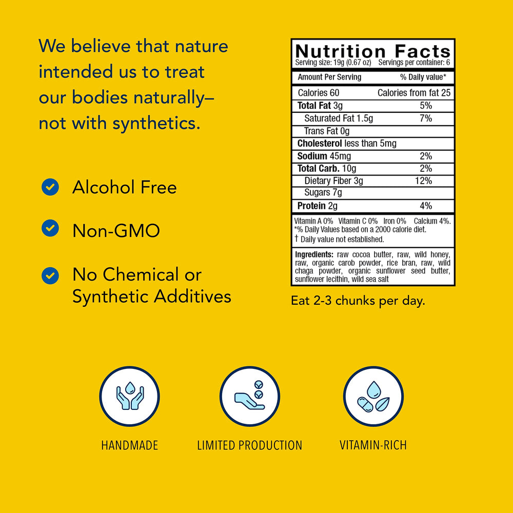 ChagaChunks packaging front highlighting wild-sourced non-dairy, non-GMO qualities