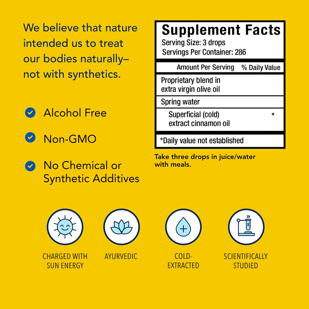 Ingredients focus on whole-food, cold-extracted cinnamon oil and olive oil.