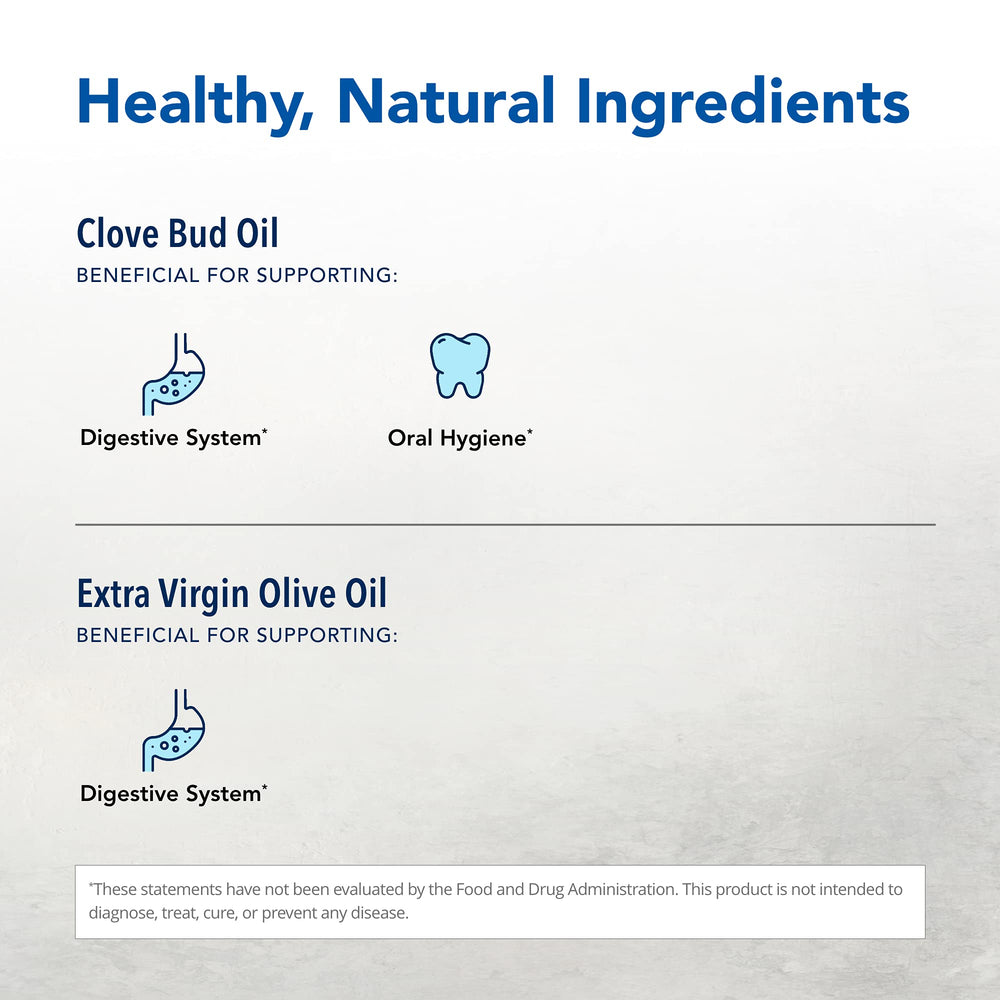 Clovanol ingredients label notes steam-extracted clove oil and olive oil base.